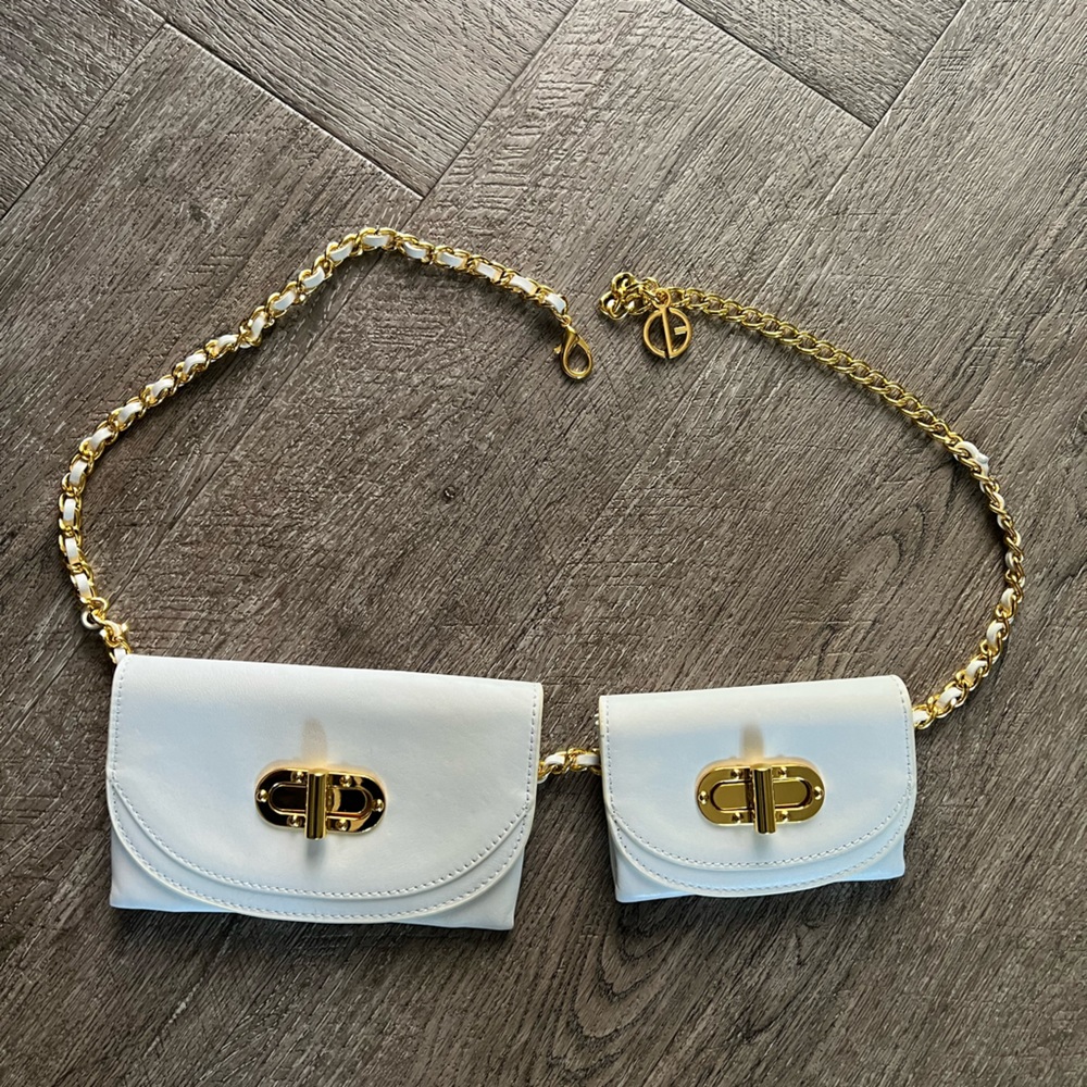 Erin Dana white leather double belt bag gold chain